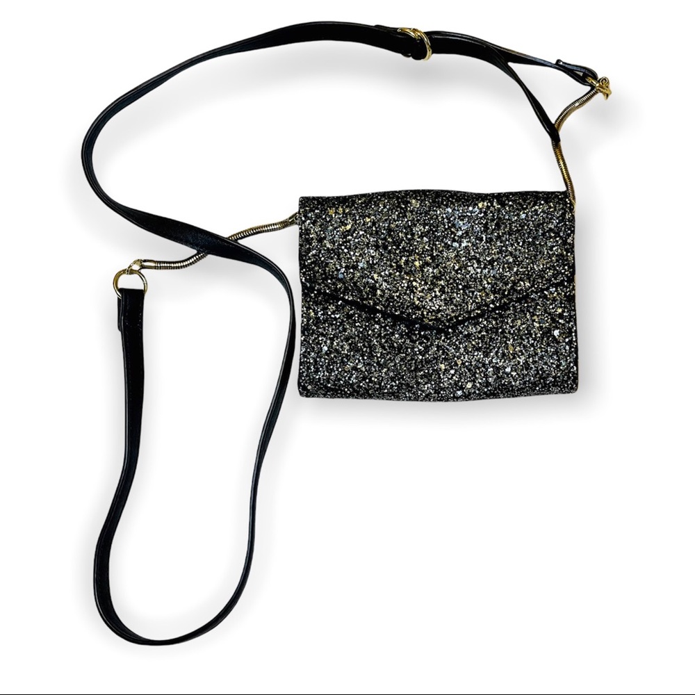 Madden Girl Black Glitter Crossbody Clutch Purse With Gold & Leather Strap